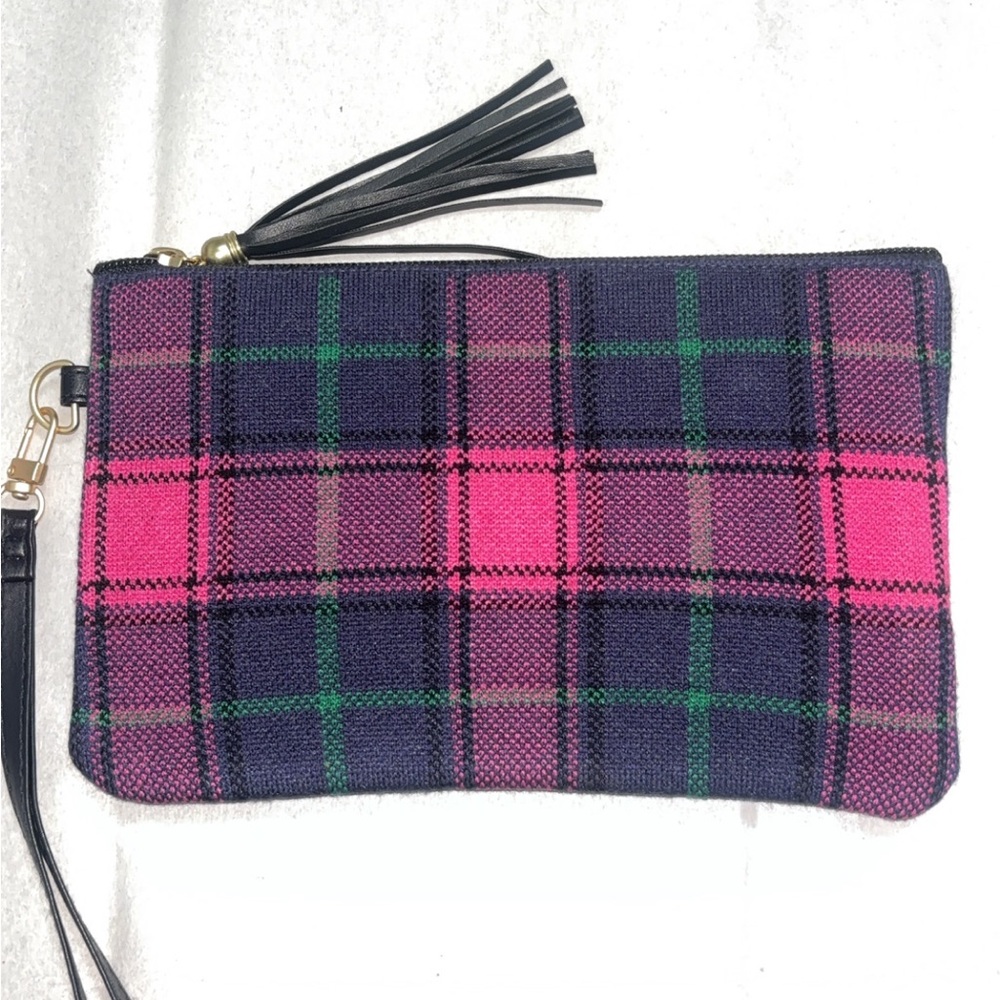 Plaid Clutch with Tassel - Pink and Green